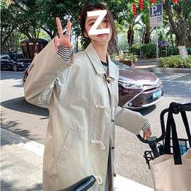 原版做法韩版学院风牛角扣长款简约休闲日系工装风百搭风衣外套女
