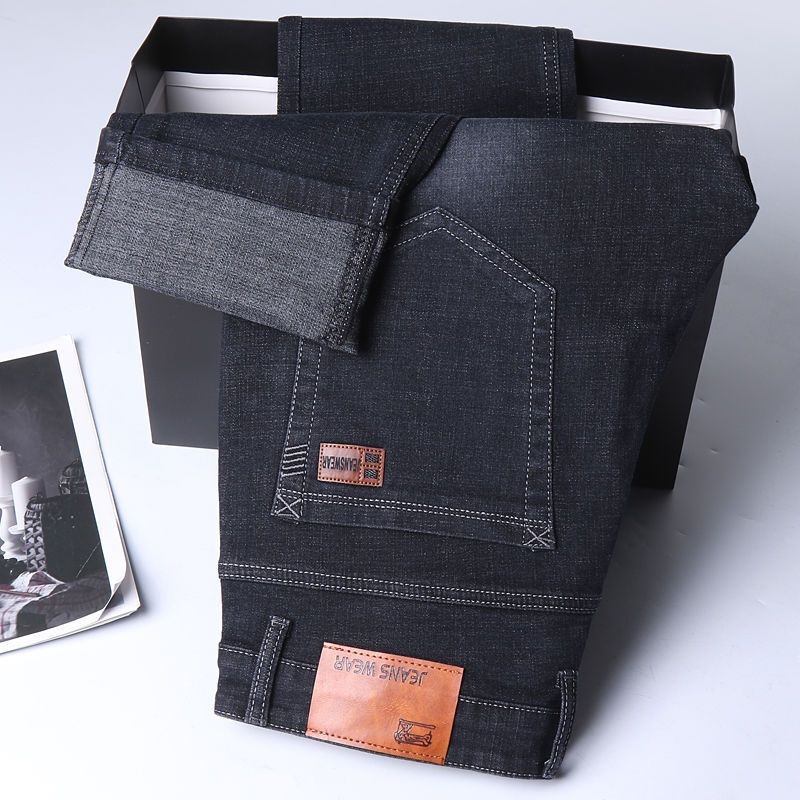 Elastic Men's Denim Jeans, Straight-Leg, Loose Fit, Casual, Thick, Slim-Fit, Mid-Waist, Versatile, Young Style, American Style