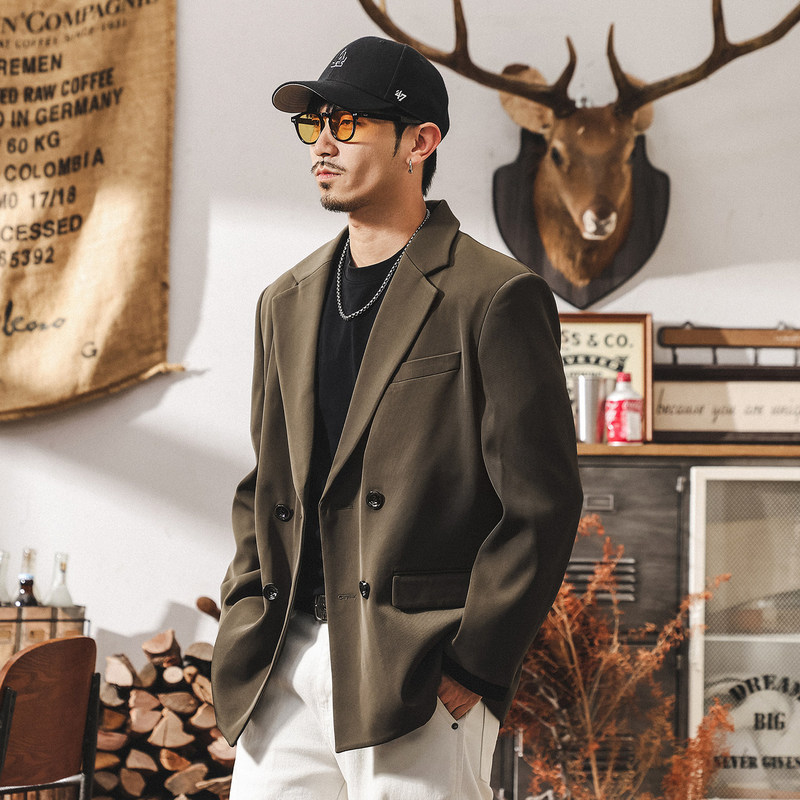 American Retro Flat Lapel Commuter Casual Suit Jacket for Men 2025 New Trendy British Gentleman Suit for Men