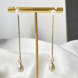 Long Freshwater Pearl Earrings, Personalized and Elegant, Natural Rice-Shaped Bead Earrings, Earrings, Gold Wire Chain, Trendy Earrings