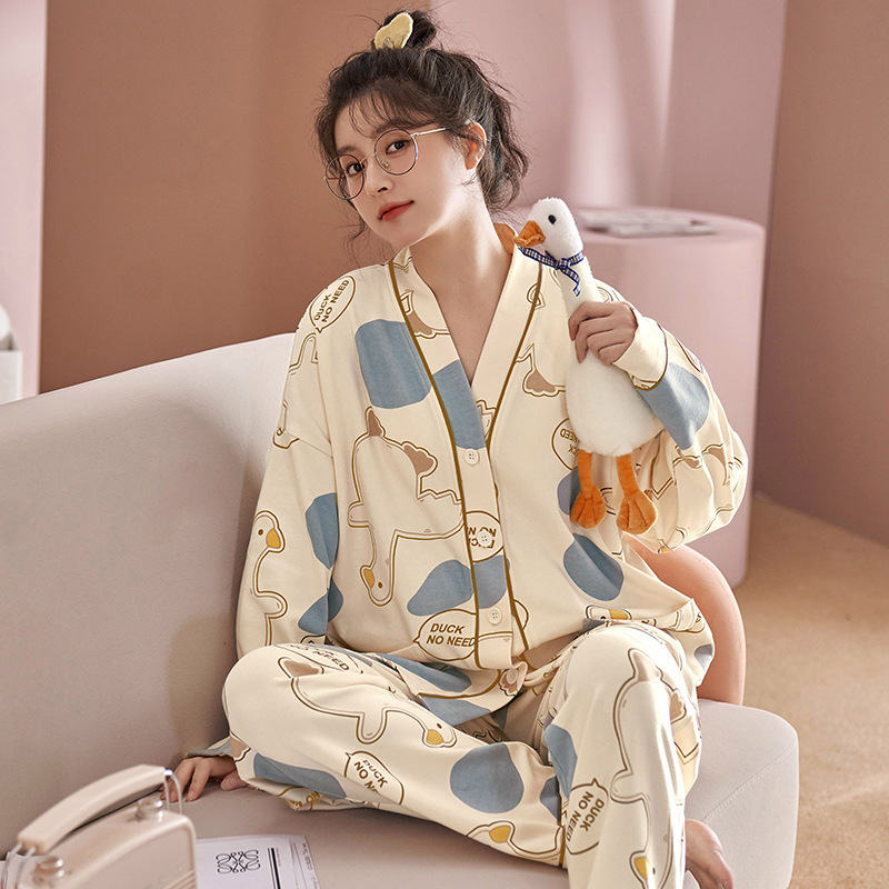 Tiktok Spring and Autumn Pajamas New Style Cotton-Like Cardigan V-Neck Long Sleeve Long Pants Cartoon Short Sleeve Loose Homewear Set
