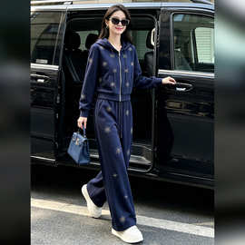 早秋高级感运动套装女2026新款时尚洋气重工烫钻连帽卫衣两件套潮