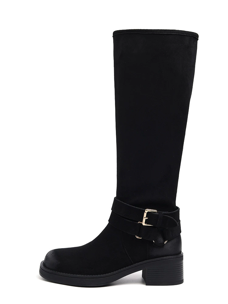 Leather retro suede denim matte high boots