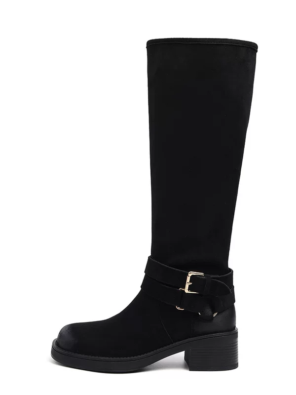 Leather retro suede denim matte high boots