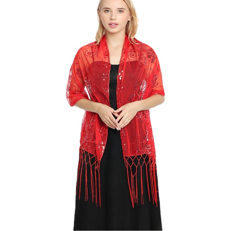 Cross-border Hot Sequins Embroidered Tassel Shawl Evening Dress Party Dinner Shawl Female Bride Cheongsam Shawl