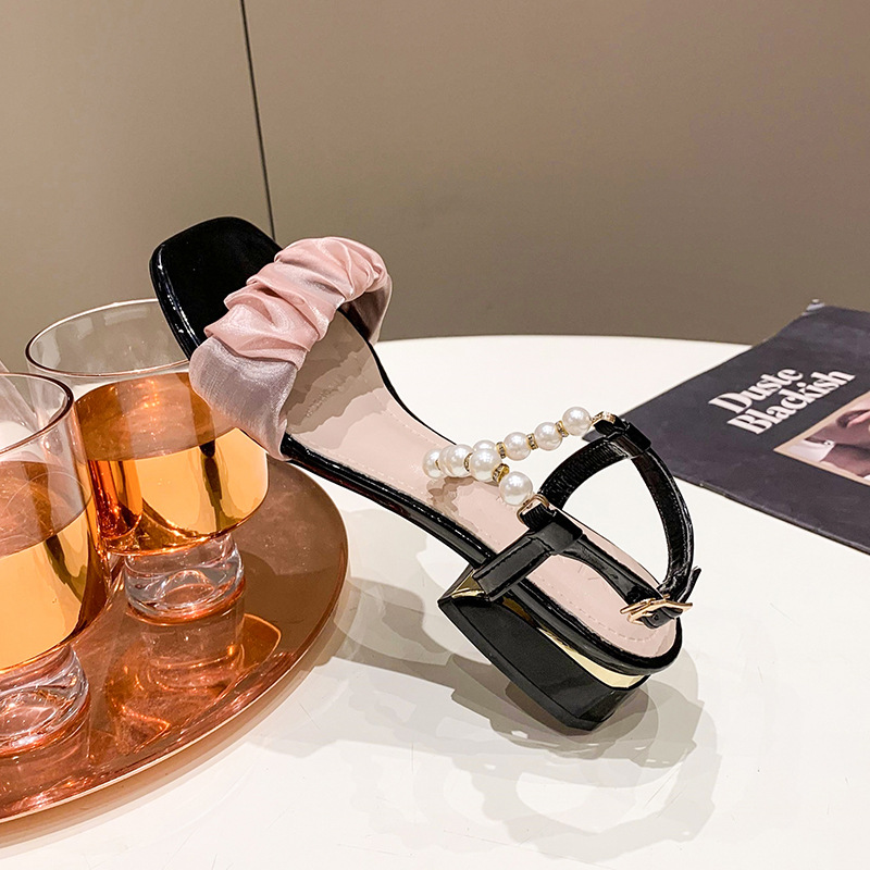 Fairy style for women in summer 2024, new pearl button up with pleated clouds, medium thick heels, square toe sandals_voghion.com