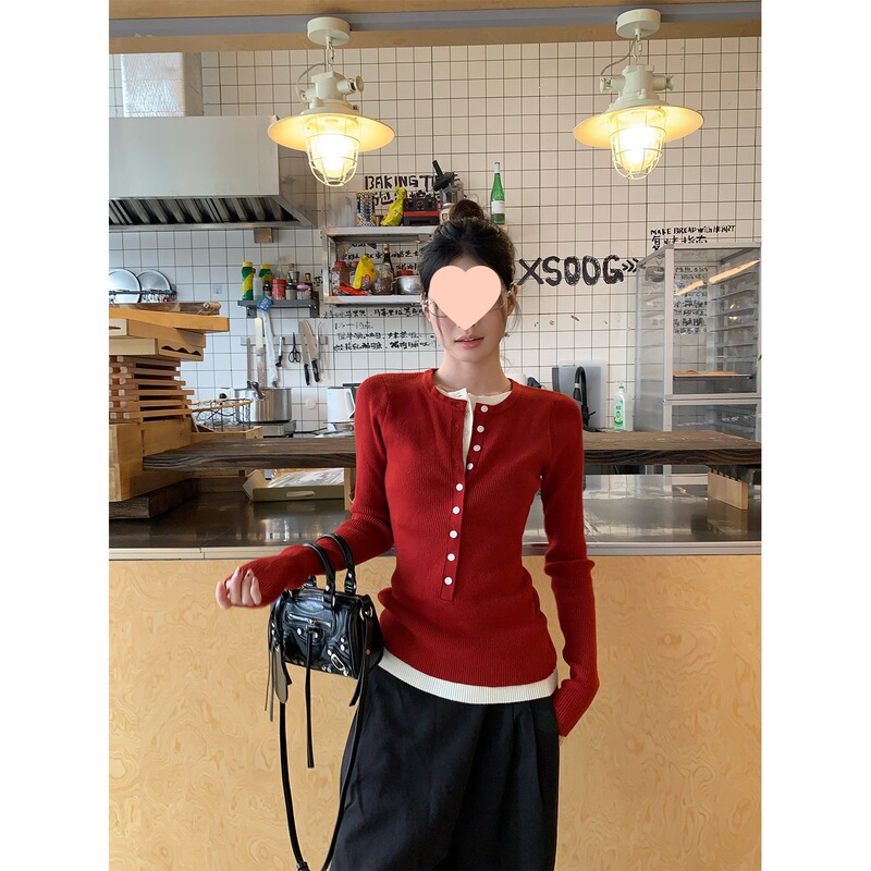 Red Faux Two-Piece Knitted Base Layer Sweater for Women, New Spring Slim-Fit Long-Sleeve Top Trendy Style
