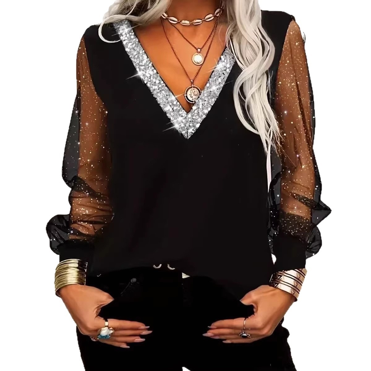 Spring Summer Women's Sequin V Neck Mesh Top Long Sleeve Casual Fashion T-Shirt_ecoleips.com