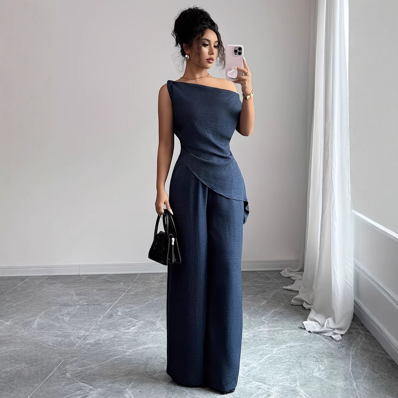 2026 European and American Cross-Border Spring New Fashion Elegant Workwear Vacation Off-The-Shoulder Denim Top and Wide-Leg Pants Set for Women