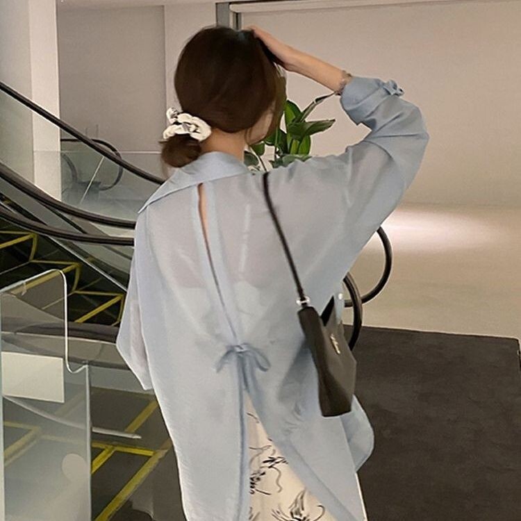 Backless Slit Open-Back Summer New Style Sun Protection Shirt for Women, Loose-Fitting Solid Color Shirt 8025 Backless Slit Open-Back Summer New Style Sun Protection Shirt for Women, Loose-Fitting Solid Color Shirt 8025