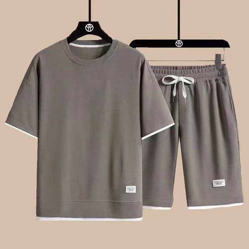 Exports sporty casual loose honeycomb short-sleeved set summer T-shirt + shorts Korean style cool couple set EU code