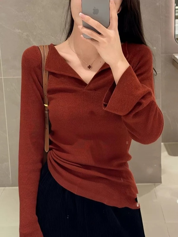 黛嘉雯纯色V领长袖打底衫修身显瘦毛衣针织衫女百搭微喇叭袖上衣|undefined