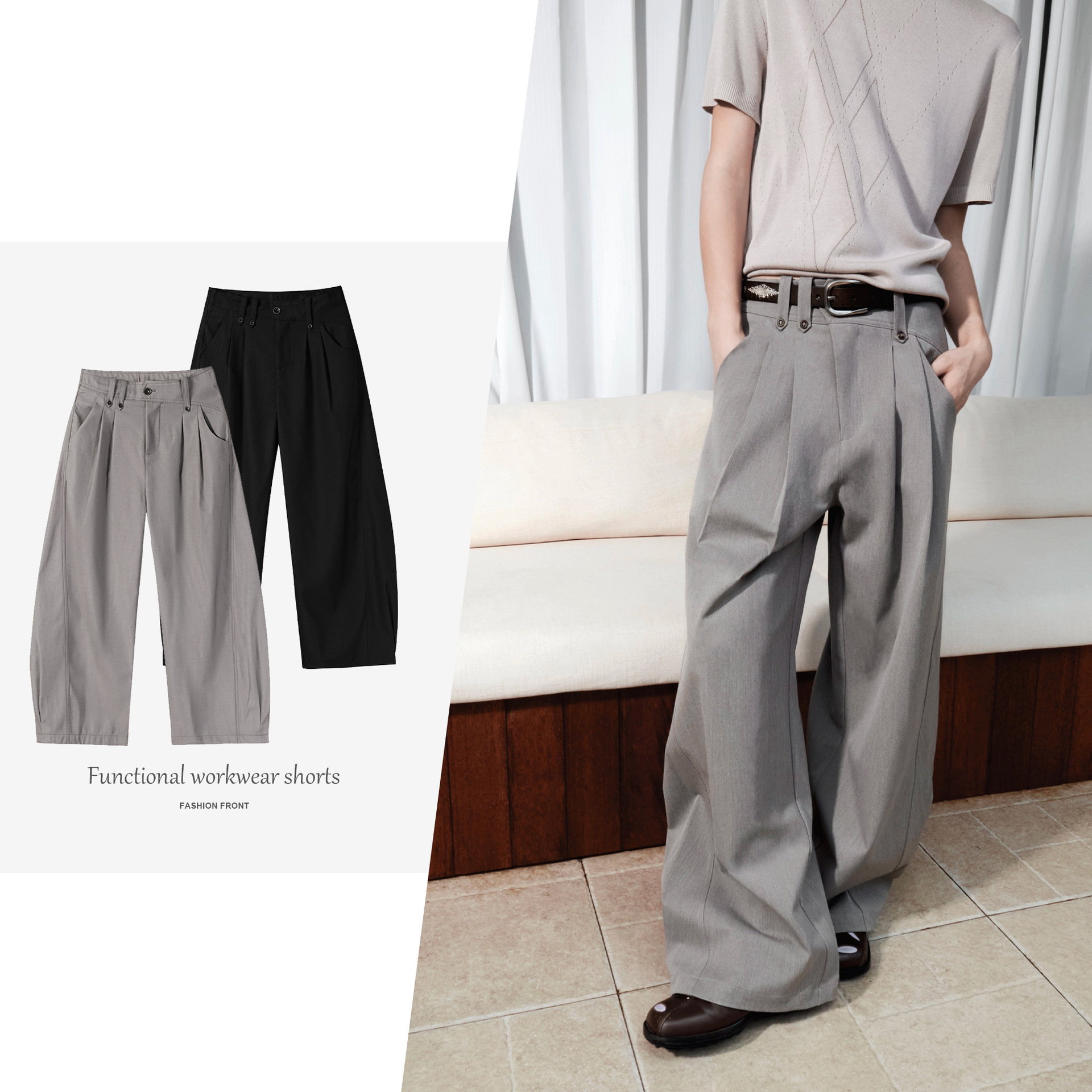 REVER REACT 26SS sloping waistband curved pleated trousers 2.0 high colorfastness TR yarn-dyed trousers for commuting.