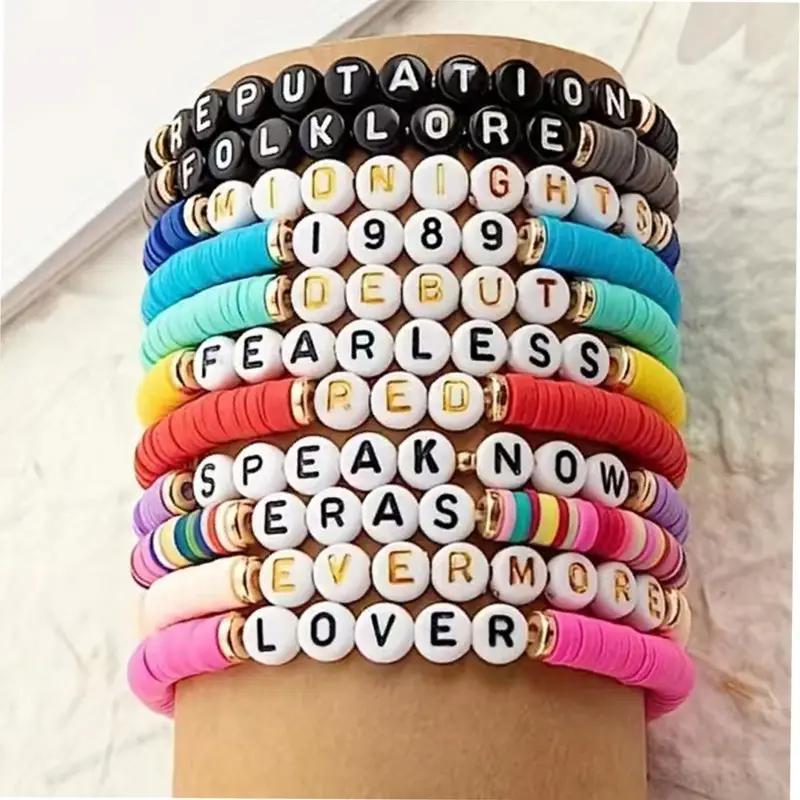 Handmade Cross-Border Jewelry Taylor Swift Fan Colorful Soft Clay Bracelet English Name Set Stackable Wear Handmade Cross-Border Jewelry Taylor Swift Fan Colorful Soft Clay Bracelet English Name Set Stackable Wear