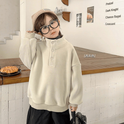 Children's Plush Thick Sweatshirt 2024 Stylish Stand Collar Spring and Autumn Model for Middle and Small Children with Three Bronze Buttons Outerwear Warm Clothing