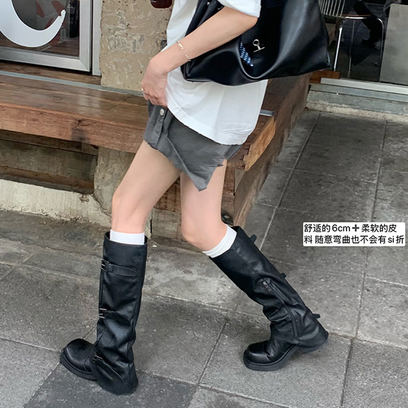 羊皮版~黑色裤管靴女复古炸街辣妹方头显瘦皮带扣粗跟褶皱骑士靴|undefined