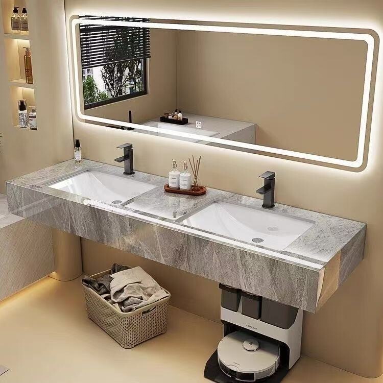 Public Toilet Sink, Double Basin Bathroom Cabinet, Integrated Sink Basin, Wall-Mounted Bathroom Cabinet, Washbasin