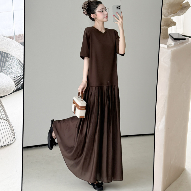 61067 # Actual Shot of the New 2026 Summer Design Slimming Long Dress, Round Neck Short-Sleeve Spliced Flowy Dress