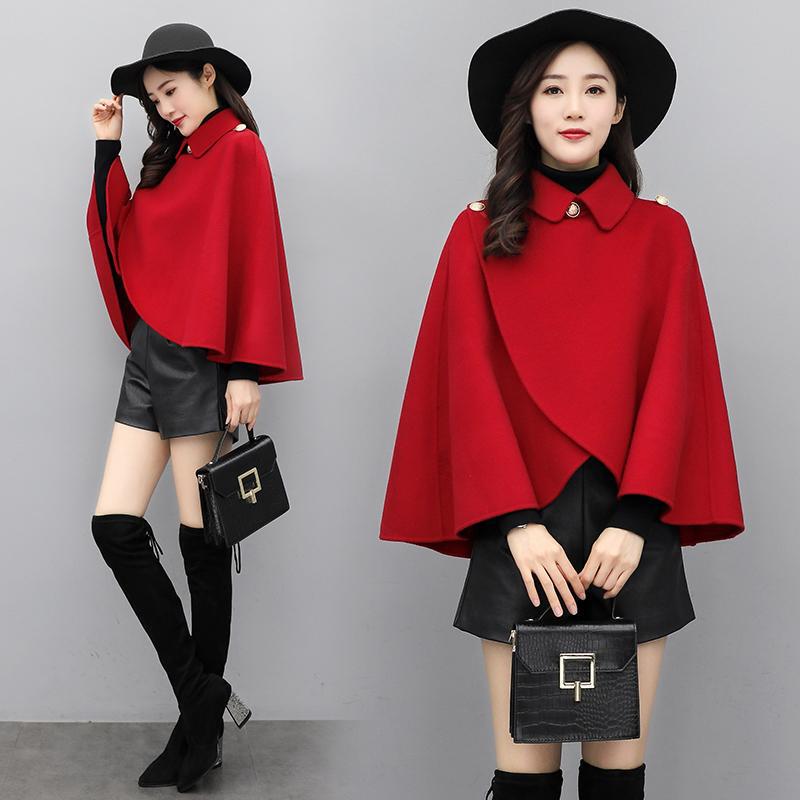Red Wedding Cape-Style Woolen Coat for Women 2024 Autumn and Winter Fashion Cape Doll Collar Woolen Coat