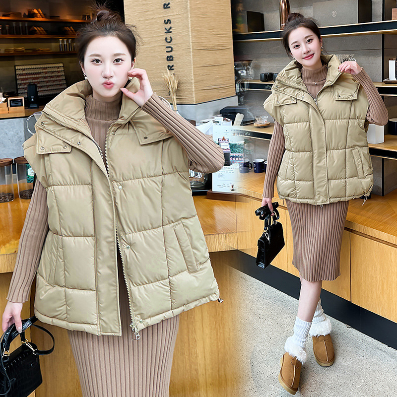 2024 transfronterizo Europa y los Estados Unidos nueva ropa de mujer de color sólido con cremallera bolsillo chaleco de algodón de moda con capuchón temperamento chaqueta de viaje image 2
