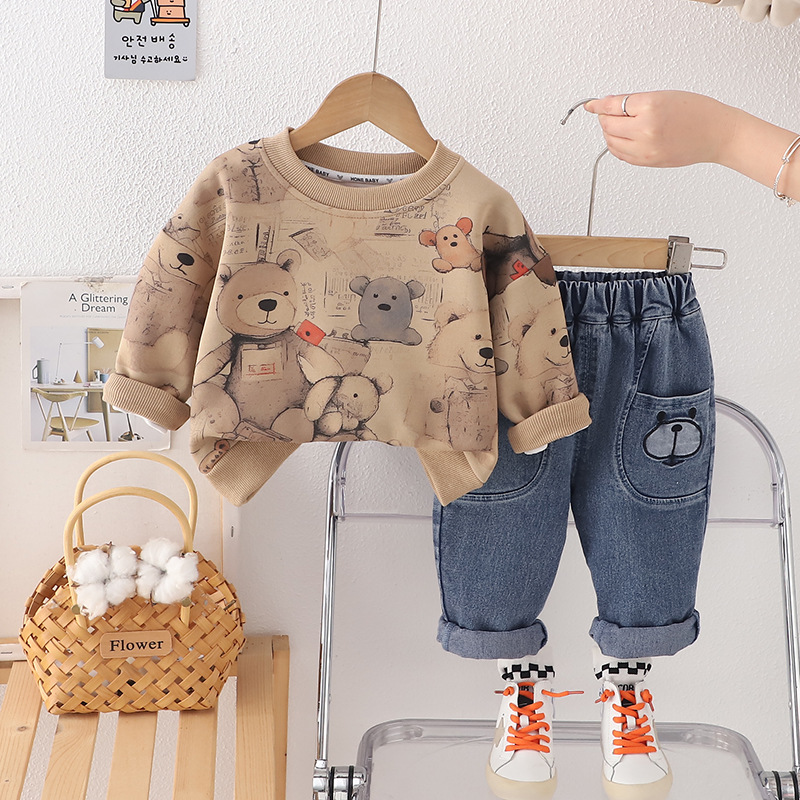Sudadera con capucha para niños cuello redondo, estilo coreano – set con diseño de oso cute, primavera 2025.