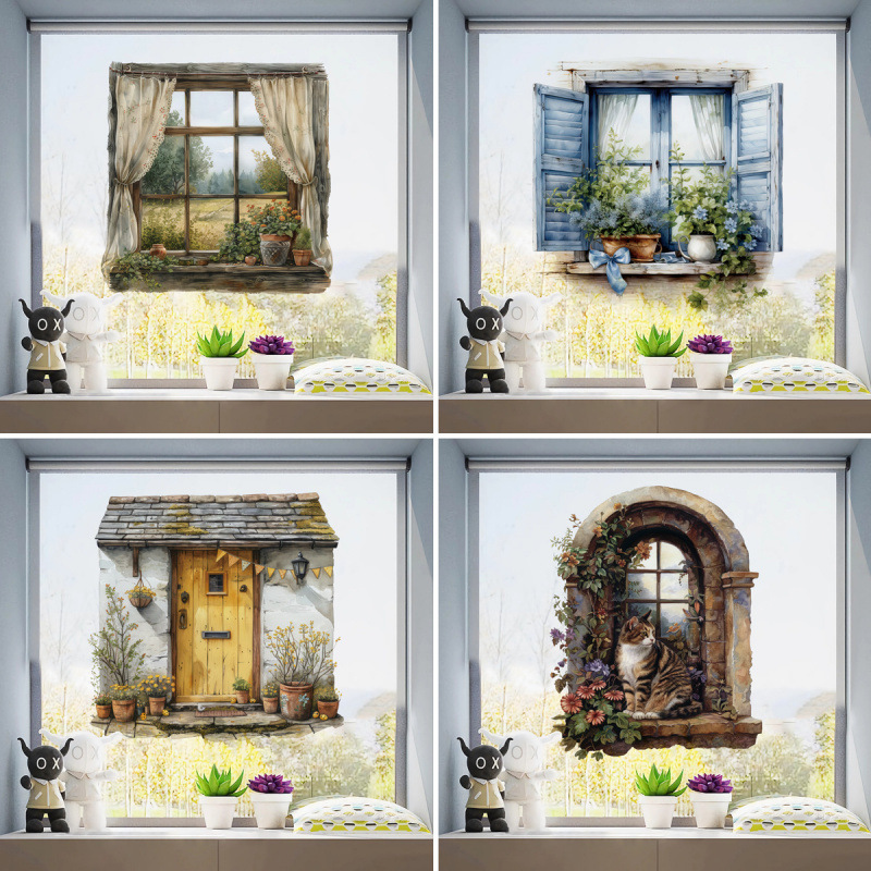 Forest Style Bedroom Sofa Background Wallpaper Stickers Fake Window Plants Flowers Glass Decorative Wall Stickers Cat Window Mural Stickers