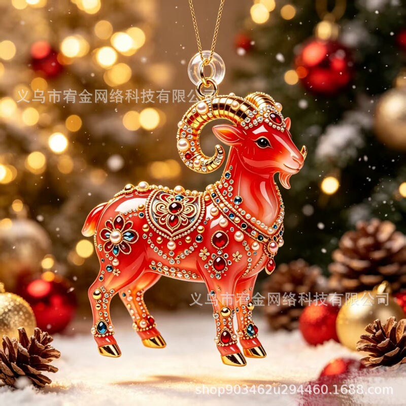 Diamond-studded sheep-shaped Christmas ornament, red acrylic holiday decoration, Christmas tree pendant decoration