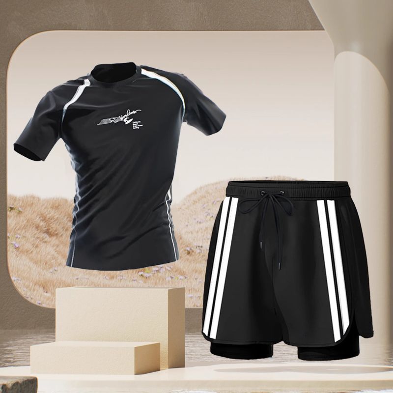 Black top + white striped swimming trunks