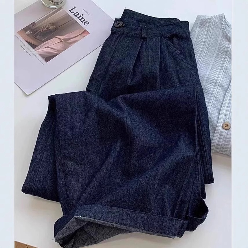 Quần ống rộng vải lanh cotton Yamamoto cạp cao mẫu mới mùa hè 2025 — Màu xanh đậm