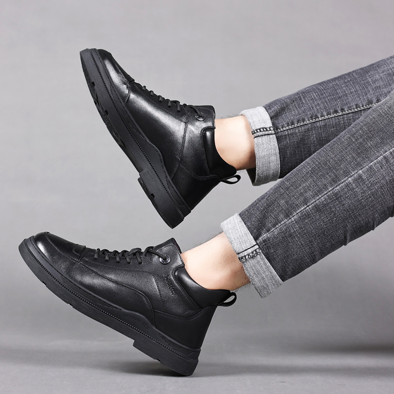 Invierno primera capa de piel de vaca de lana zapatos de algodón de los hombres de cuero genuino forrado de lana zapatos de cuero caliente casual de mediana edad papá zapatos de los hombres