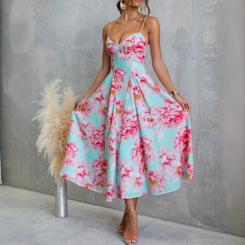 Cross-Border 2026 European and American Women's Fashion New Summer Vacation Style Printed Spaghetti Strap Dress Sexy Waist-Cinching Oversized Flared Dress Cross-Border 2026 European and American Women's Fashion New Summer Vacation Style Printed Spaghetti Strap Dress Sexy Waist-Cinching Oversized Flared Dress
