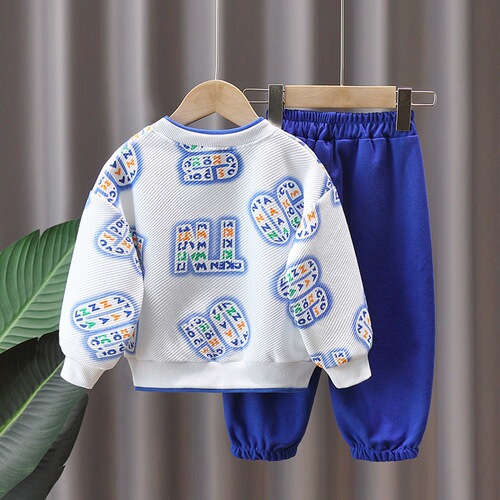 Spring and autumn boys' suits, autumn suits for older children, long-sleeved fake two-piece sweatshirts, casual pants, western-style sportswear two-piece sets