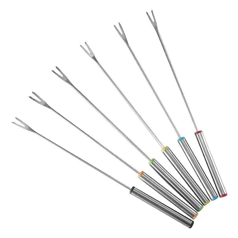 Seis piezas tenedor de la fruta de acero inoxidable multi-color cadena herramienta olla caliente palo postre tenedor al aire libre barbacoa tenedor olla caliente picante