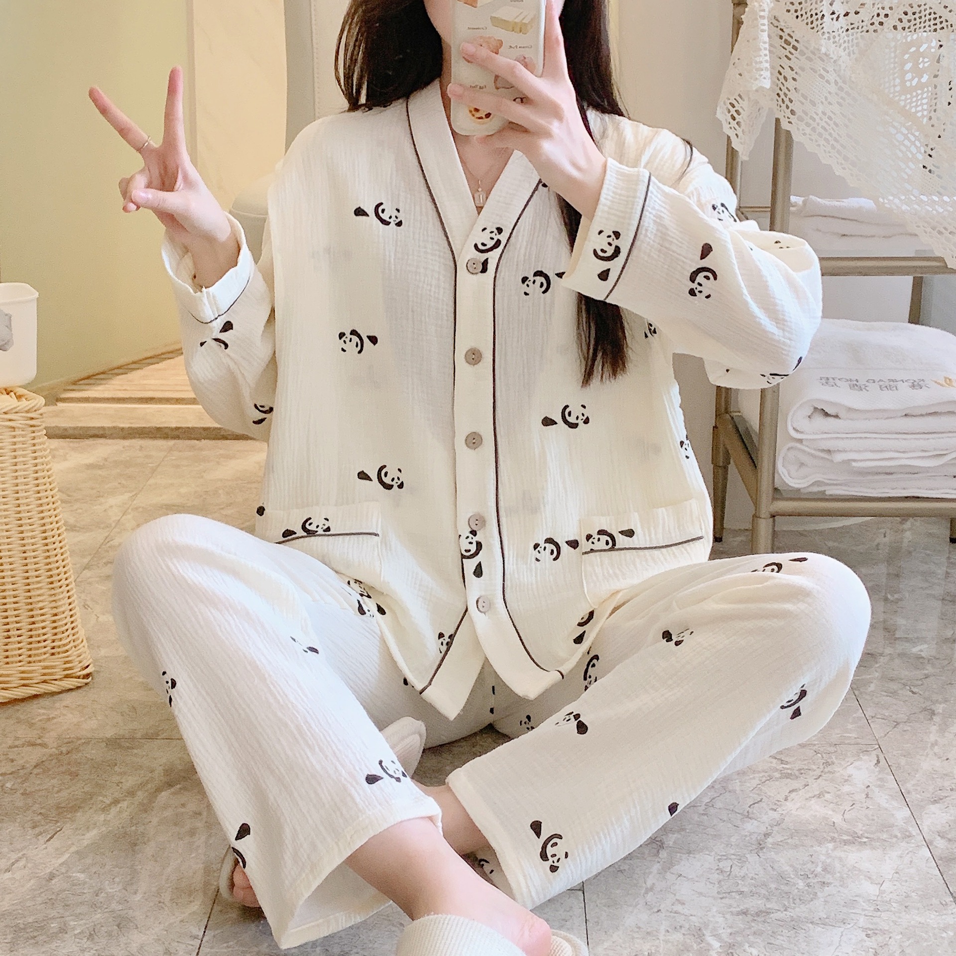 면 크레이프 V 넥 팬더 감금 세트 세트