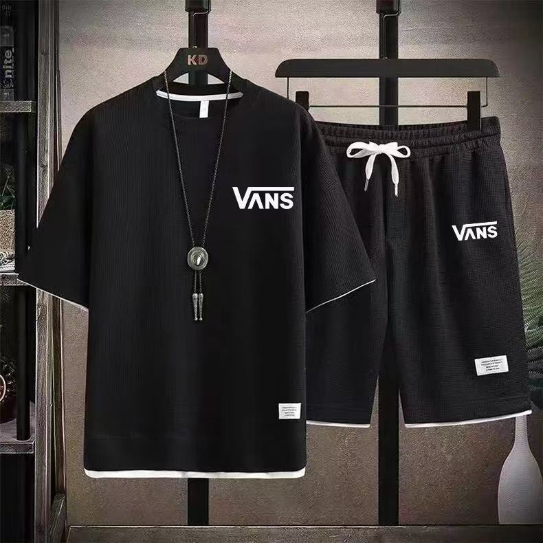 Cross-Border Hot Sale Waffle Short-Sleeved T-Shirt Men's Casual Sports Suit Wholesale Summer Loose Half-Sleeved T-Shirt