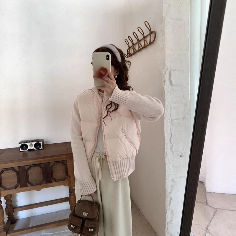 Knitted Patchwork down Jacket for Women 2025 Autumn and Winter New Short Style for Petite Figures, 90% White Duck down Vest Coat, Slim Fit