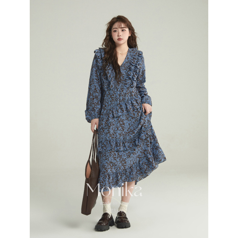 60217 # Plus Size Women's V Neck Floral Dress Women's Autumn Fat mm Slimming Look Ear-Shaped A-Line Skirt Long Skirt