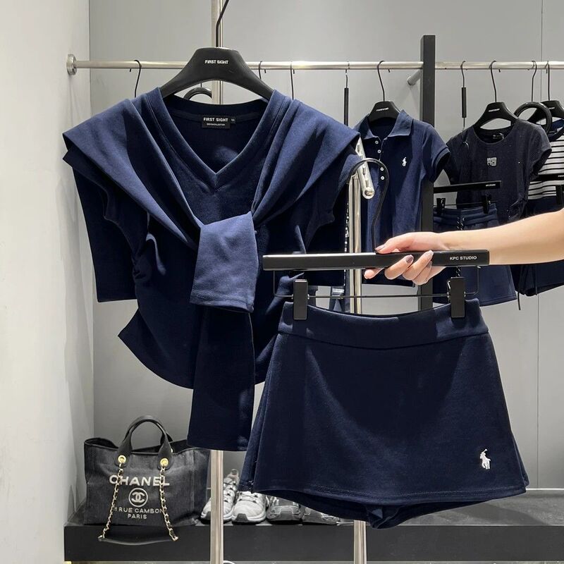 Summer New Simple Versatile Slimming Casual Top Pony Embroidery V-Neck T-Shirt + Shawl + Short Skirt Set for Women Trendy