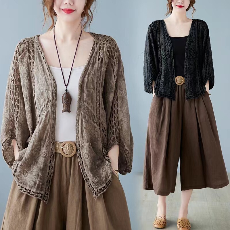 Summer Hollow-Out Lace Cardigan for Women, Batwing Sleeves, Loose, Artistic, Retro, All-Cotton Long-Sleeve Shirt, Air-Conditioning Shirt, Versatile Summer Hollow-Out Lace Cardigan for Women, Batwing Sleeves, Loose, Artistic, Retro, All-Cotton Long-Sleeve Shirt, Air-Conditioning Shirt, Versatile