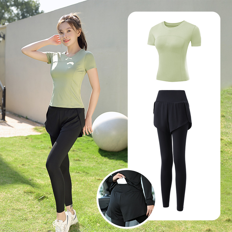 Trajes de yoga para mujeres de verano para correr ropa deportiva suelta rápida ropa seca bolsillo para correr trajes de mujeres de la mañana para correr comercio exterior