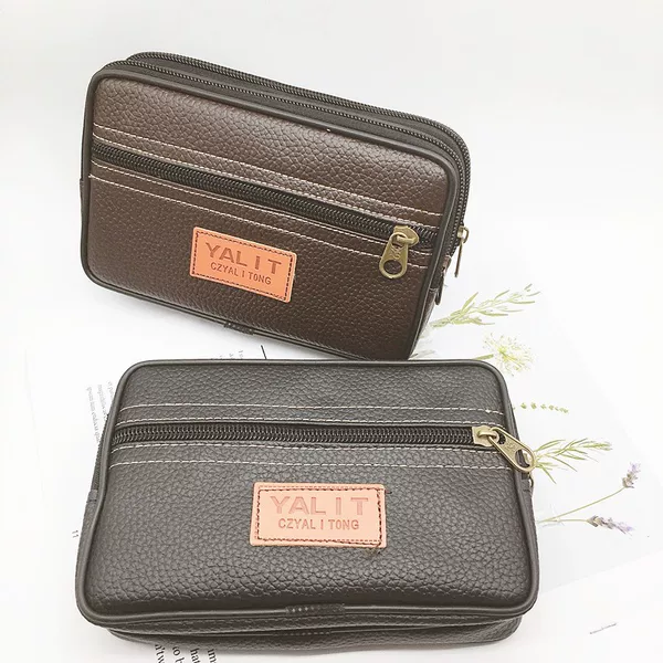 New PU Large Mobile Phone Waist Bag Horizontal Double Pull Wear Belt Hanging Bag Large Capacity Leisure Outdoor for Middle-aged and Elderly