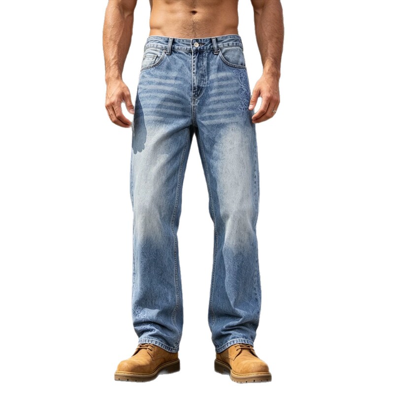 Cross-Border Supply In-Stock Washed Straight-Leg Jeans for Men, Vintage Side Floral Embroidery, American Western Casual Pants Cross-Border Supply In-Stock Washed Straight-Leg Jeans for Men, Vintage Side Floral Embroidery, American Western Casual Pants