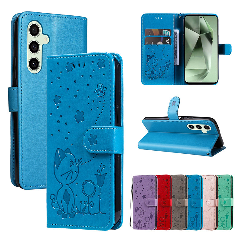 Cat and Bee Leather Case Suitable for Samsung S26Ultras25Edges24Fe Mobile Phone Protective Case Embossed A57A17