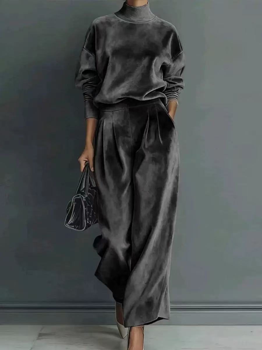 Damen Strick Zweiteiler Set Langarm Oberteil Und Weite Hose_voghion.com