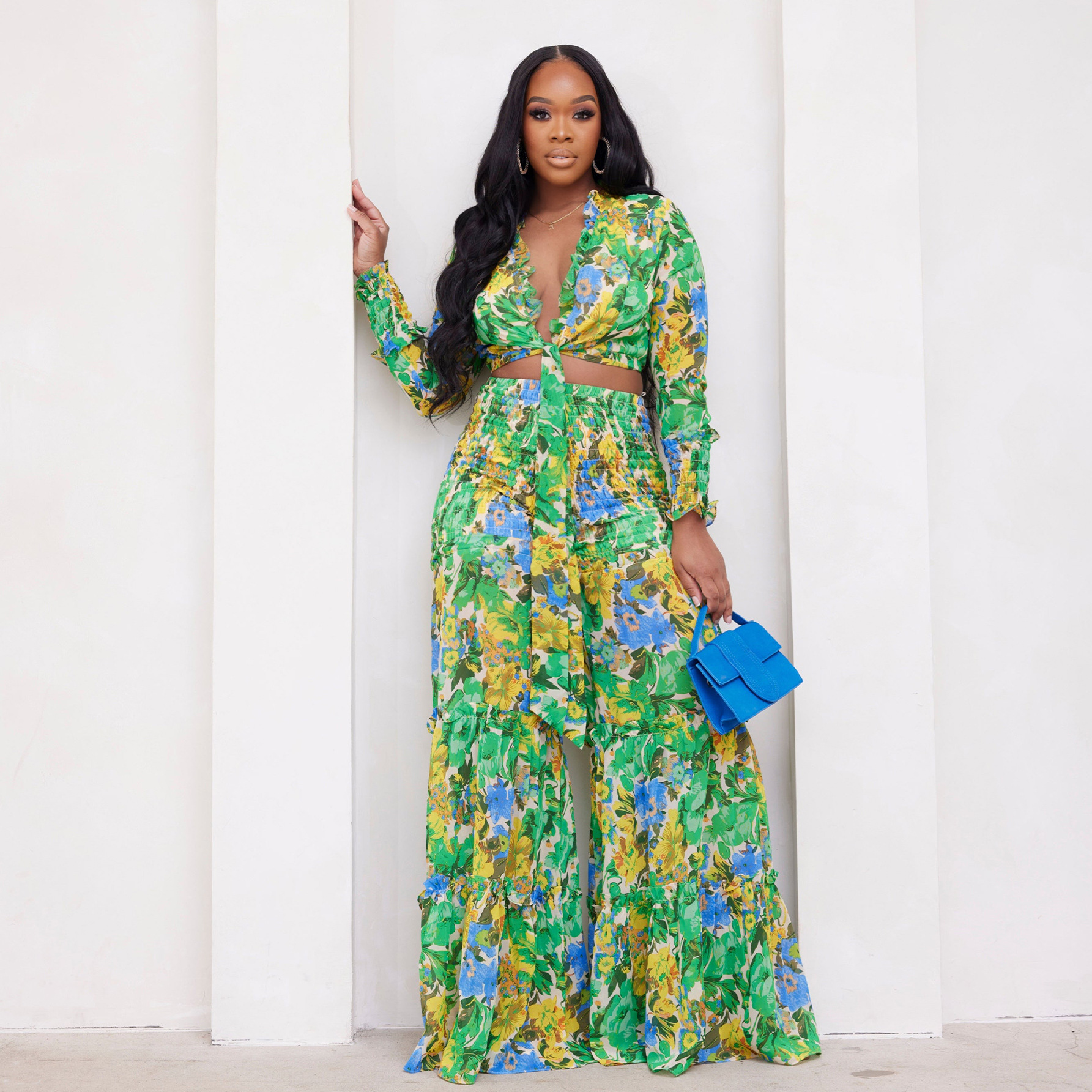 Women's Clothing fashion contrast color printed chiffon long sleeved lace up flared pants two piece suit _voghion.com