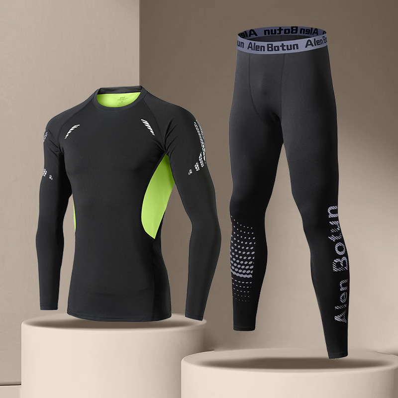 「速乾レオタードセット男性冬ランニングフィットネス訓練服秋冬スポーツ保温下着高弾打底|undefined