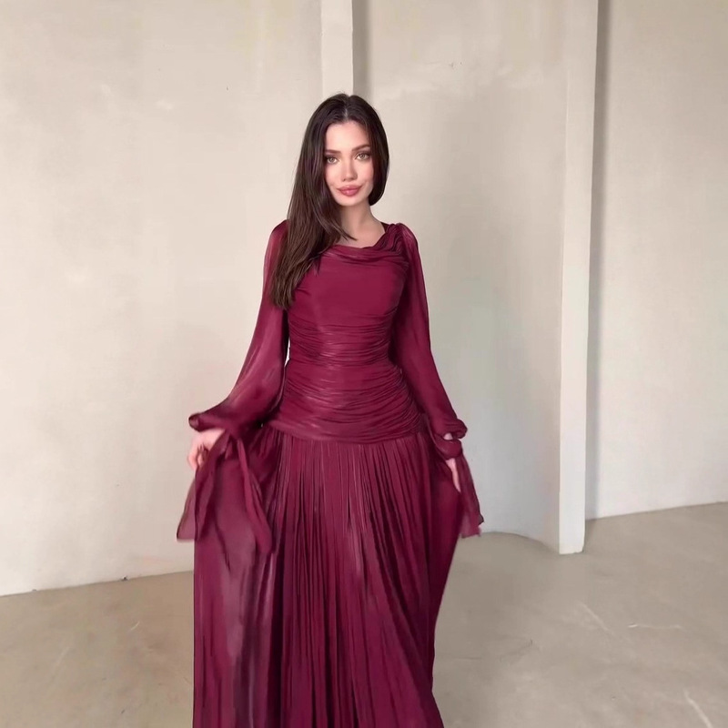 Long-Sleeved Long Dress, New Style, Elegant French Style, Autumn, Amazon Cross-Border, 2026, Waist-Cinching Dress, European and American