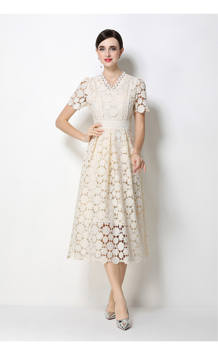 Đầm maxi nữ cổ V ren thắt eo tay ngắn họa tiết rỗng — màu đen, Rượu vang đỏ, màu hồng đậm, màu trắng chi tiết 15