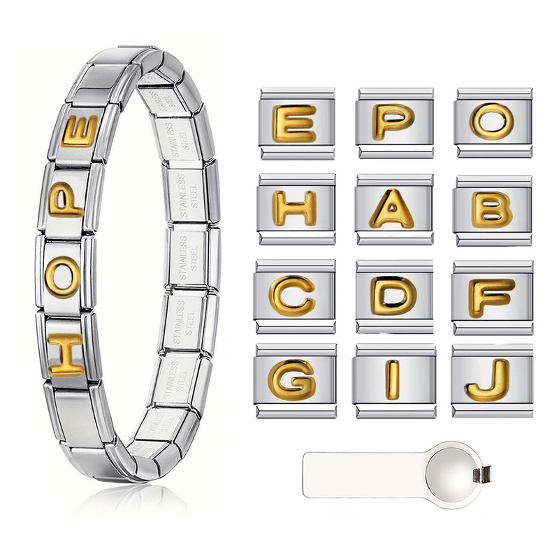 Popular Stainless Steel Italian Modular Bracelet with Gold-Colored 26-Letter Pattern DIY Modular Bracelet