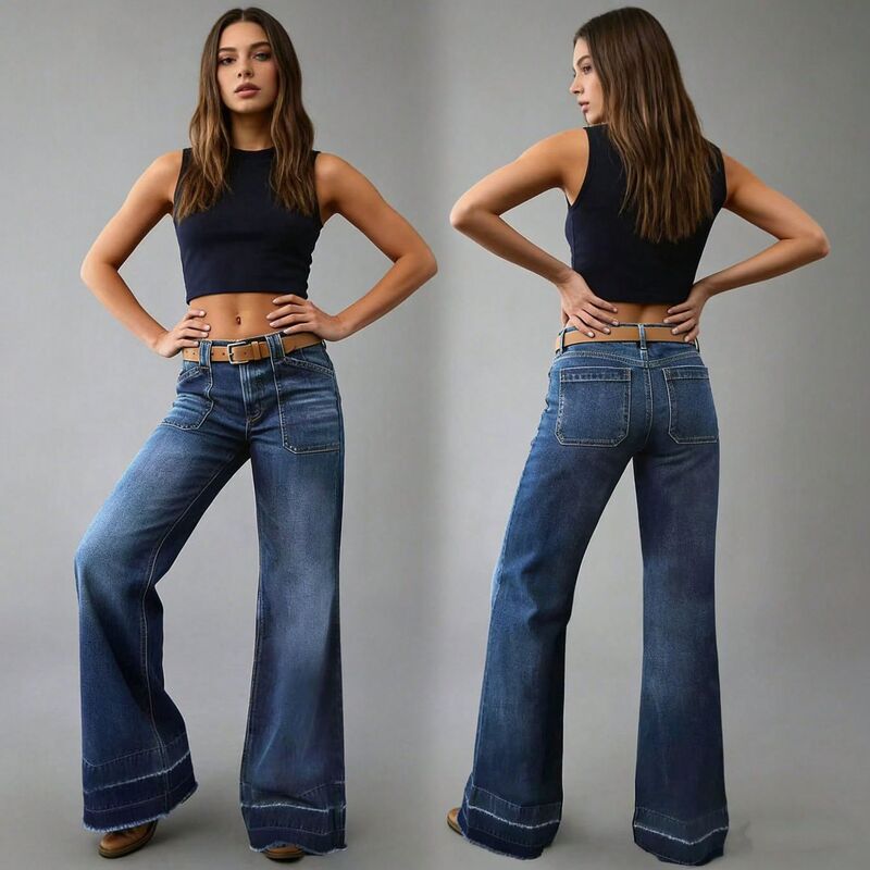 wish cross-border women's clothing, European and American style, elegant patchwork wide-leg pants for spring and autumn, slimming and non-clingy, washed denim jeans, in stock
